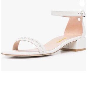 XYD White Pearls Open Toe Strappy Low Block Heel Ankle Strap with Buckle Sandal